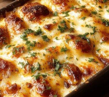 Plato de moussaka griega tradicional en una cazuela de barro, con capas doradas de berenjena y carne, y cubierta con salsa bechamel cremosa y burbujeante. Presentado sobre un fondo rústico con hierbas frescas y rodajas de berenjena visible en la superficie.