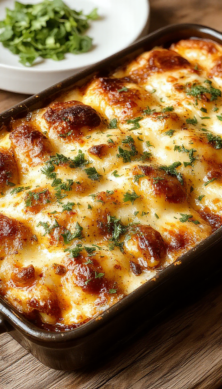Plato de moussaka griega tradicional en una cazuela de barro, con capas doradas de berenjena y carne, y cubierta con salsa bechamel cremosa y burbujeante. Presentado sobre un fondo rústico con hierbas frescas y rodajas de berenjena visible en la superficie.