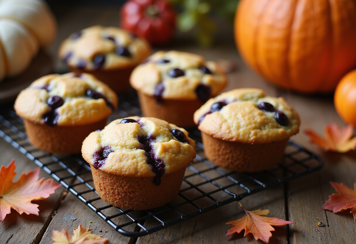 Muffins de arándanos y queso crema recién horneados, ideales para celebraciones de otoño y fiestas.