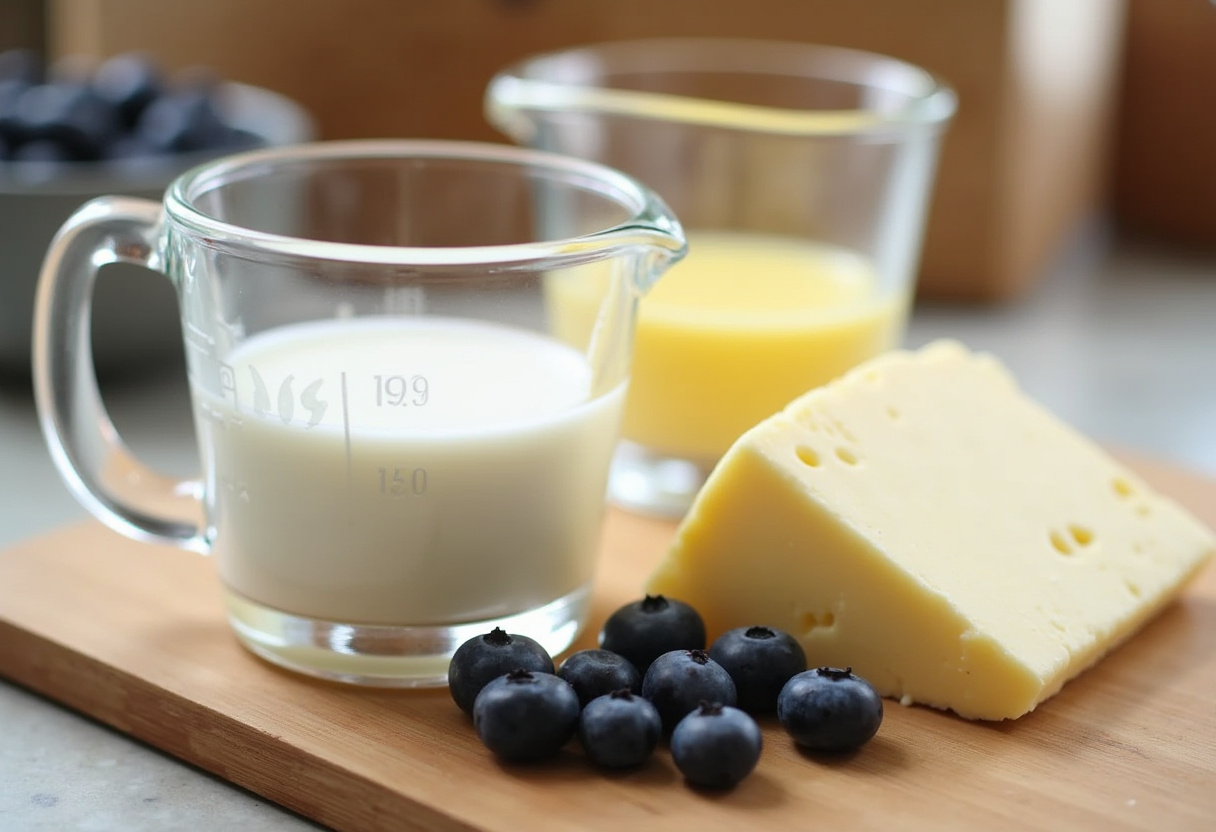 Leche y mantequilla derretida junto a arándanos y queso crema para la receta de muffins de arándanos.