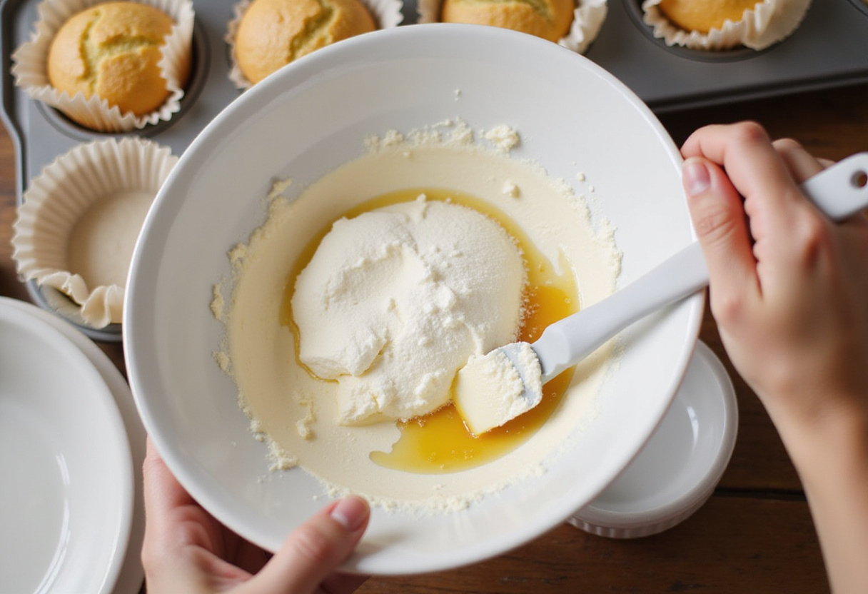 Mezcla de queso crema y azúcar para muffins de queso crema en preparación para los muffins de arándanos.