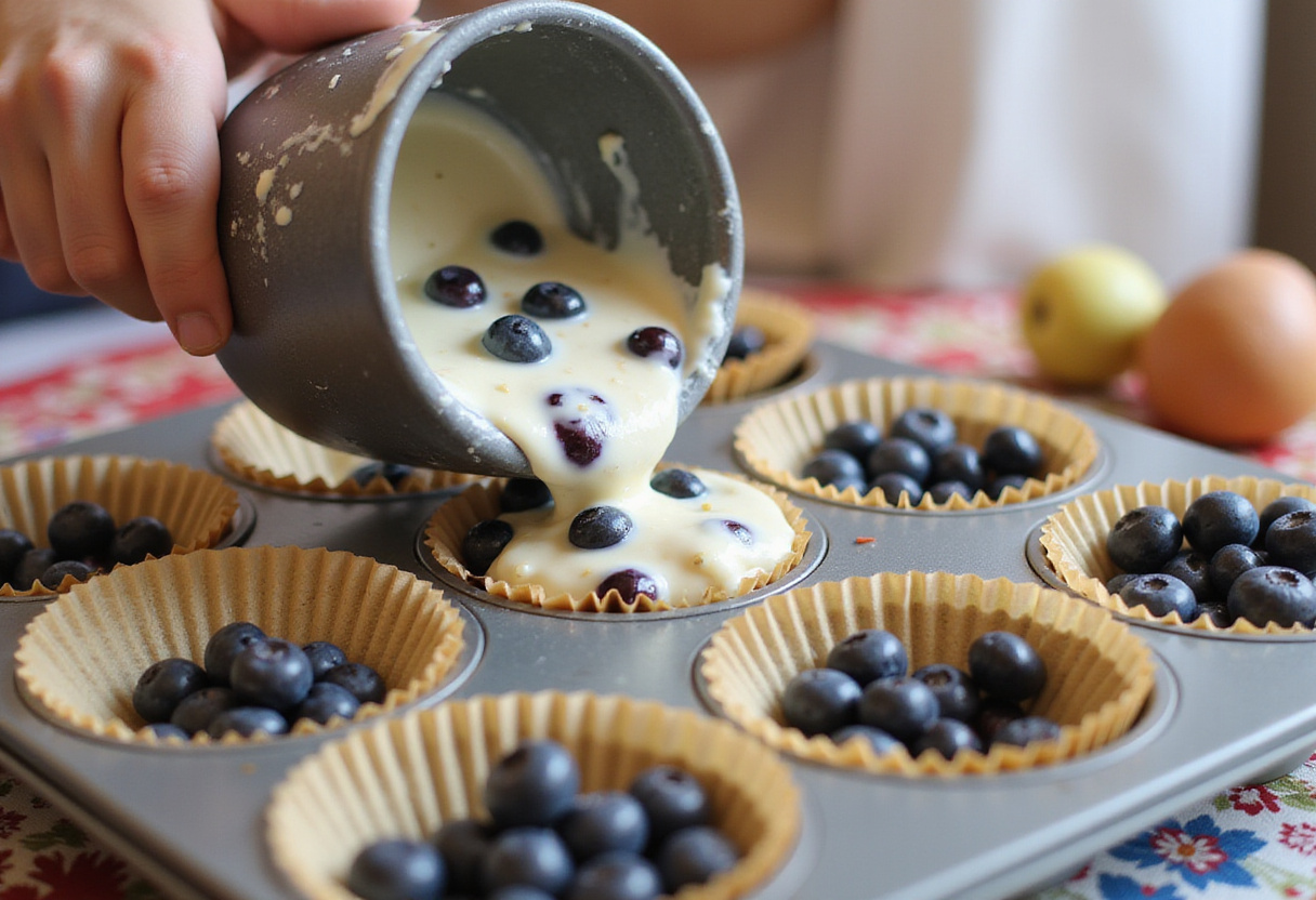Masa de muffins de arándanos colocada en moldes para muffins caseros y fiestas de otoño.