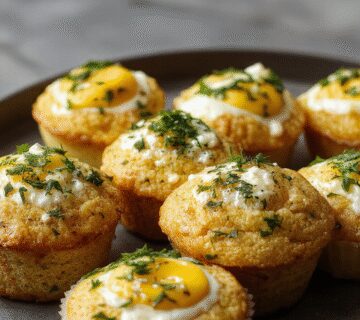 A close-up of golden-brown egg muffins embedded with fresh green spinach leaves and crumbled white feta cheese, arranged on a white plate with a rustic wooden background. The muffins are fluffy with a slightly crispy top, showcasing vibrant green spinach and creamy feta peeking through.