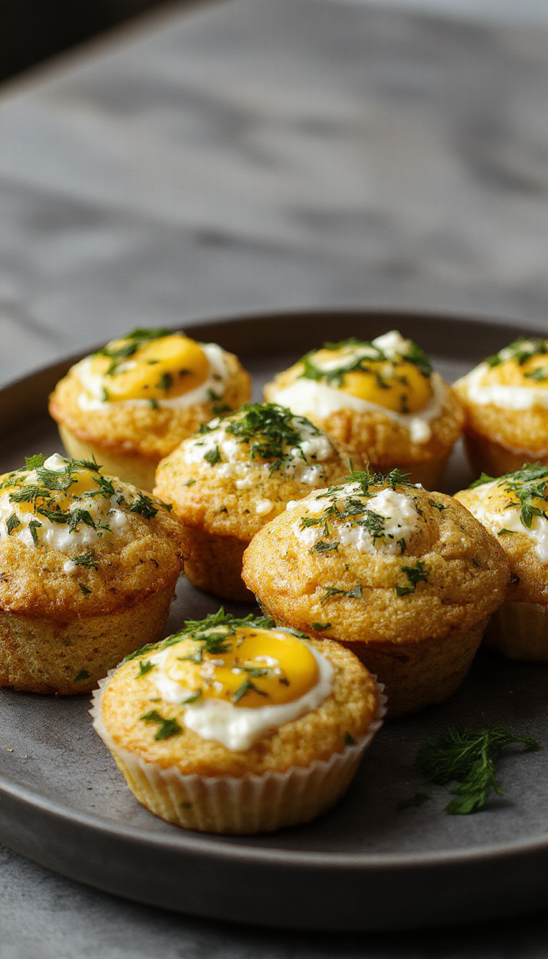 A close-up of golden-brown egg muffins embedded with fresh green spinach leaves and crumbled white feta cheese, arranged on a white plate with a rustic wooden background. The muffins are fluffy with a slightly crispy top, showcasing vibrant green spinach and creamy feta peeking through.