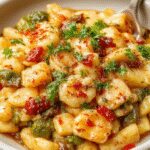 Un plato de orzo con verduras presentado en un plato blanco sobre una mesa de madera. El plato muestra orzo cocido con pimientos rojos, calabacín, zanahorias y tomates cherry en colores vibrantes y textura suave, decorado con hierbas frescas.