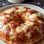 A beautifully arranged spiral banana cinnamon bread on a rustic wooden table, showcasing golden-brown crust, swirls of cinnamon and banana filling, garnished with a sprinkle of cinnamon powder and fresh banana slices on the side. The bread's texture appears soft and moist with a caramelized top, inviting a cozy breakfast or brunch vibe.