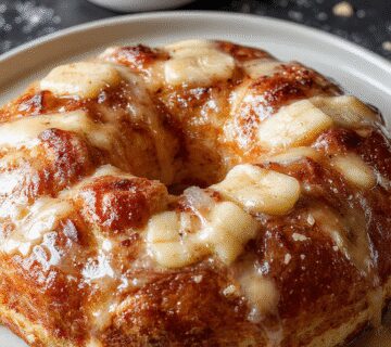 A beautifully arranged spiral banana cinnamon bread on a rustic wooden table, showcasing golden-brown crust, swirls of cinnamon and banana filling, garnished with a sprinkle of cinnamon powder and fresh banana slices on the side. The bread's texture appears soft and moist with a caramelized top, inviting a cozy breakfast or brunch vibe.