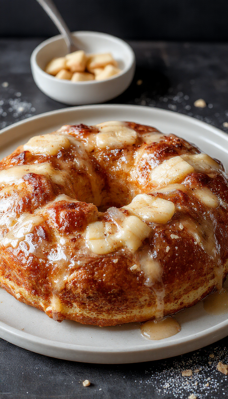 A beautifully arranged spiral banana cinnamon bread on a rustic wooden table, showcasing golden-brown crust, swirls of cinnamon and banana filling, garnished with a sprinkle of cinnamon powder and fresh banana slices on the side. The bread's texture appears soft and moist with a caramelized top, inviting a cozy breakfast or brunch vibe.