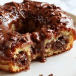 A close-up of a freshly sliced banana chocolate bread loaf, showcasing its moist, tender crumb with swirls of melted chocolate throughout. The loaf is placed on a rustic wooden surface, with slices fanned out to reveal the rich texture and glossy chocolate streaks, topped with a light dusting of powdered sugar.