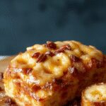 A golden-brown banana bread loaf garnished with a drizzle of honey and a hint of vanilla bean visible on top. The bread has a moist, tender crumb with a slightly cracked crust, presented on a rustic wooden board with fresh banana slices and a small jar of honey beside it.