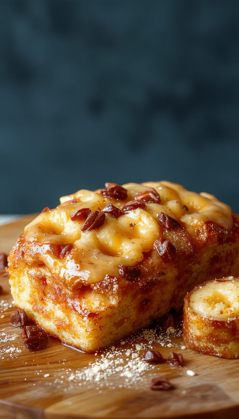 A golden-brown banana bread loaf garnished with a drizzle of honey and a hint of vanilla bean visible on top. The bread has a moist, tender crumb with a slightly cracked crust, presented on a rustic wooden board with fresh banana slices and a small jar of honey beside it.