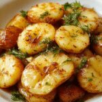 Golden crispy sliced potatoes arranged neatly in the air fryer basket, showcasing their perfectly cooked, crunchy exterior with a hint of seasoning visible, and a light dusting of herbs on top