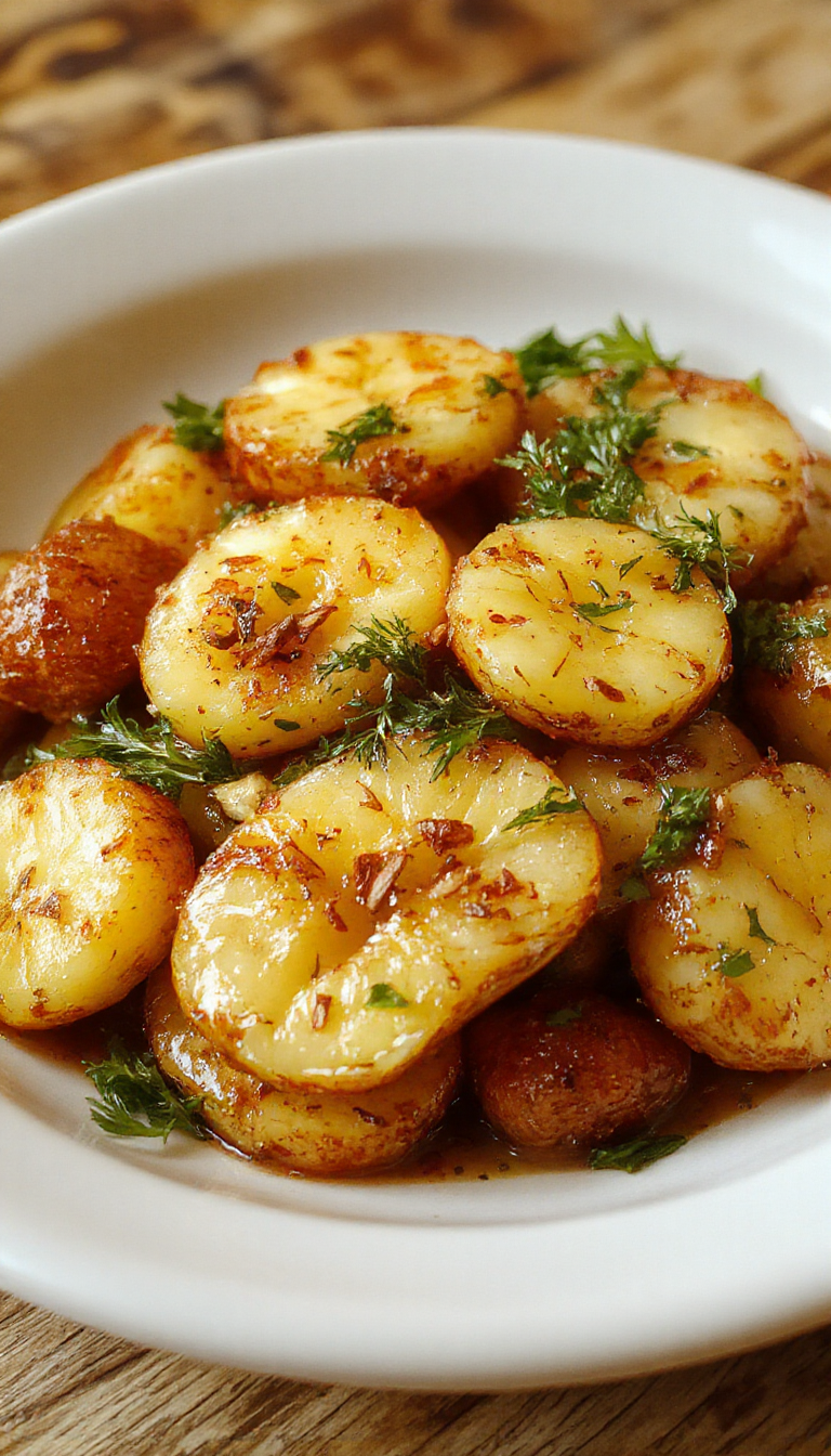 Golden crispy sliced potatoes arranged neatly in the air fryer basket, showcasing their perfectly cooked, crunchy exterior with a hint of seasoning visible, and a light dusting of herbs on top