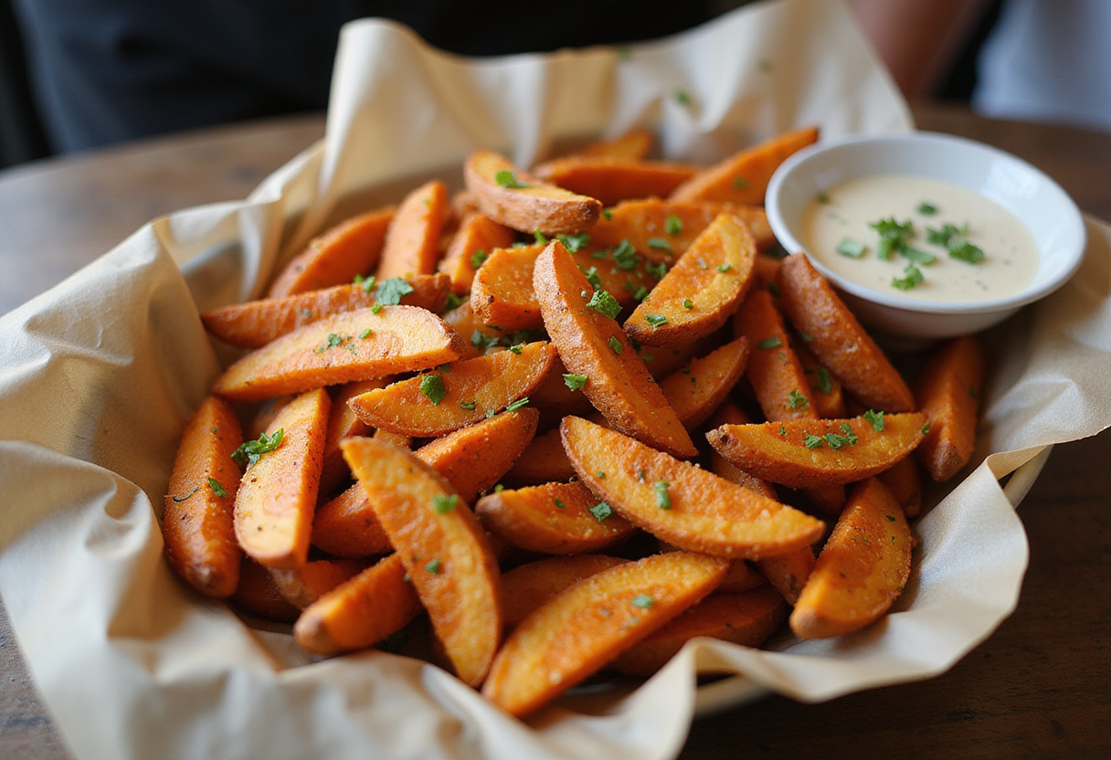 Golden, crispy papas fritas de camote al horno ready to enjoy.