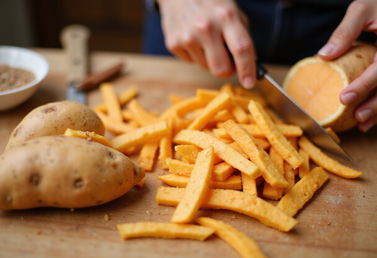 Fresh sweet potatoes being prepared for papas fritas de camote al horno.