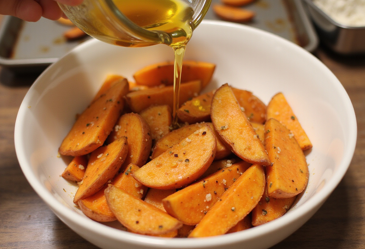 Tossing sweet potato fries with oil and seasoning for camote al horno recipe.