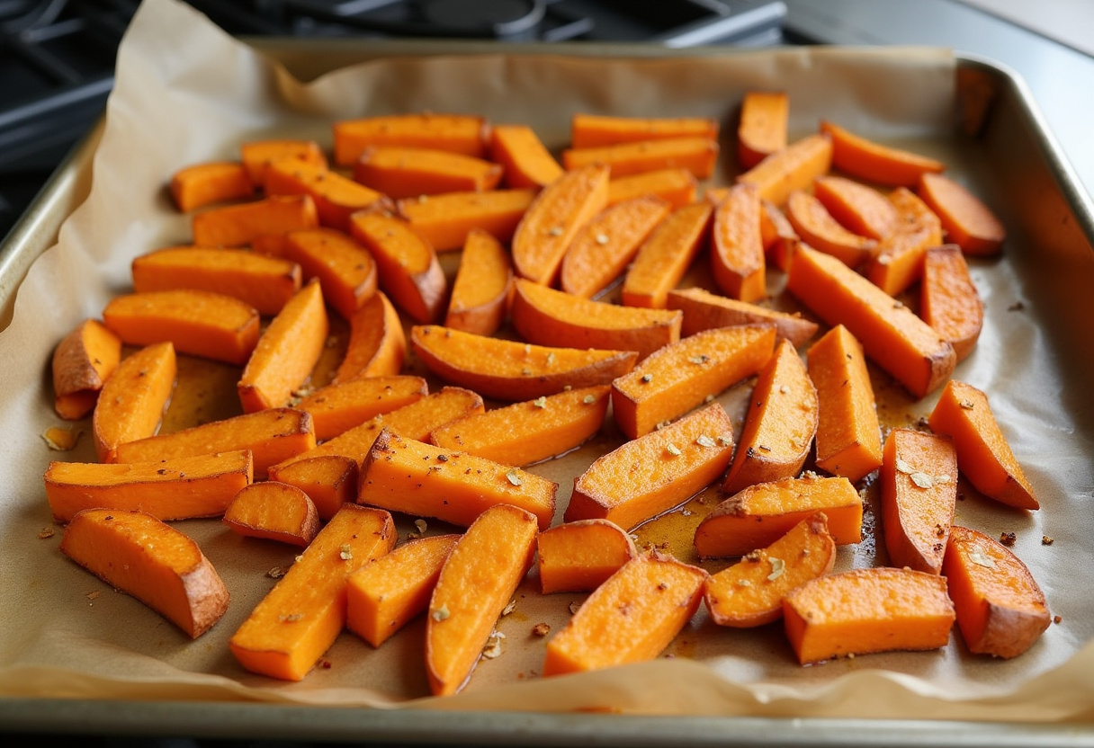 Evenly spread sweet potato fries on a baking sheet for crujientes papas fritas.