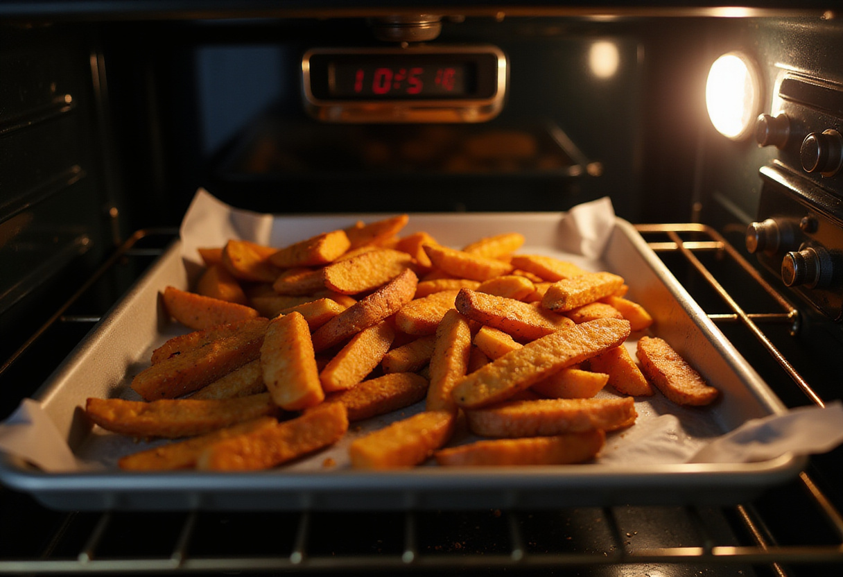 Sweet potato fries being placed in the oven for baking until crispy.