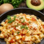 A creamy pasta dish featuring tender chicken pieces atop a bed of al dente spaghetti coated in rich, cheesy sauce. The dish is garnished with fresh herbs and served on a white plate, with a rustic wooden background adding warmth to the scene.