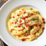 A close-up of a creamy pasta dish served in a white bowl, featuring al dente noodles coated in a smooth, rich sauce with visible bits of protein, garnished with fresh herbs and a sprinkle of grated cheese, with a rustic wooden table background.