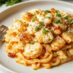 A close-up of creamy pasta topped with tender pieces of chicken coated in a rich, cheesy parmesan sauce. The dish is served on a white plate garnished with fresh herbs, showcasing a glossy texture and vibrant colors of the pasta and chicken against a rustic wooden table background.