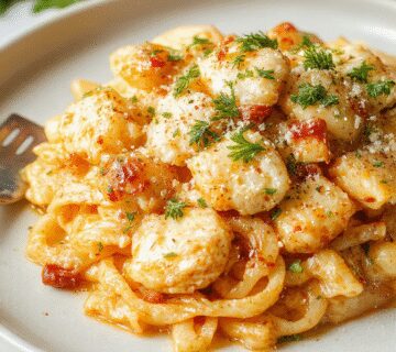 A close-up of creamy pasta topped with tender pieces of chicken coated in a rich, cheesy parmesan sauce. The dish is served on a white plate garnished with fresh herbs, showcasing a glossy texture and vibrant colors of the pasta and chicken against a rustic wooden table background.