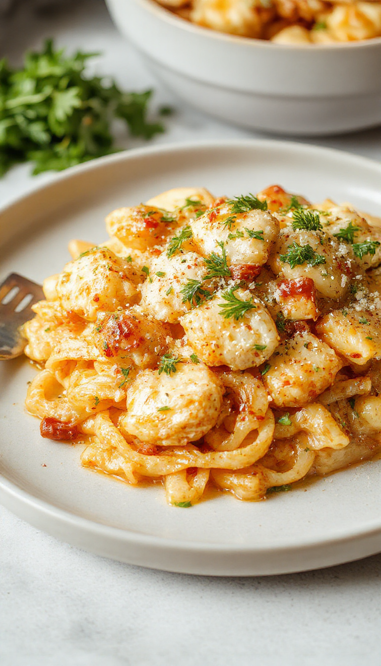 A close-up of creamy pasta topped with tender pieces of chicken coated in a rich, cheesy parmesan sauce. The dish is served on a white plate garnished with fresh herbs, showcasing a glossy texture and vibrant colors of the pasta and chicken against a rustic wooden table background.
