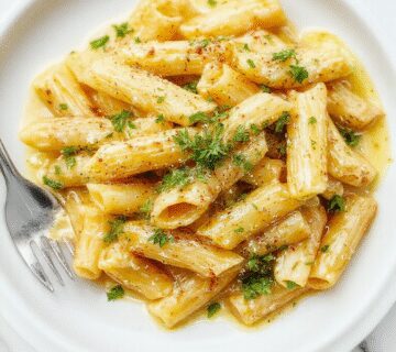 A close-up of a bowl of creamy penne pasta with visible garlic slices and a sprinkle of grated cheese on top. The pasta is coated in a smooth white sauce, garnished with fresh herbs, and served on a rustic plate that contrasts with the rich, velvety texture of the sauce.