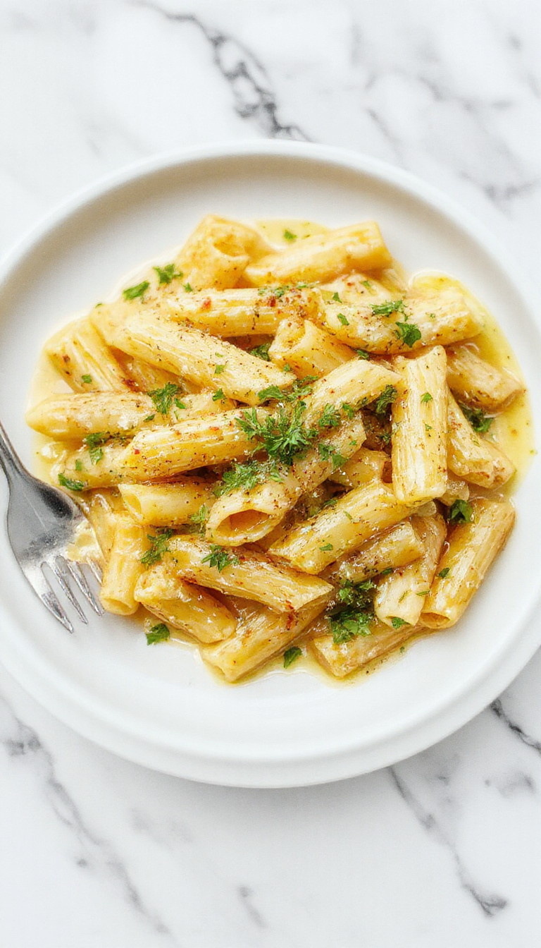 A close-up of a bowl of creamy penne pasta with visible garlic slices and a sprinkle of grated cheese on top. The pasta is coated in a smooth white sauce, garnished with fresh herbs, and served on a rustic plate that contrasts with the rich, velvety texture of the sauce.