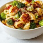 A close-up of a white plate with vibrant green broccoli florets and al dente spaghetti, drizzled with olive oil and sprinkled with grated cheese, garnished with fresh herbs. The dish looks fresh and inviting, with steam gently rising, served on a rustic wooden table.