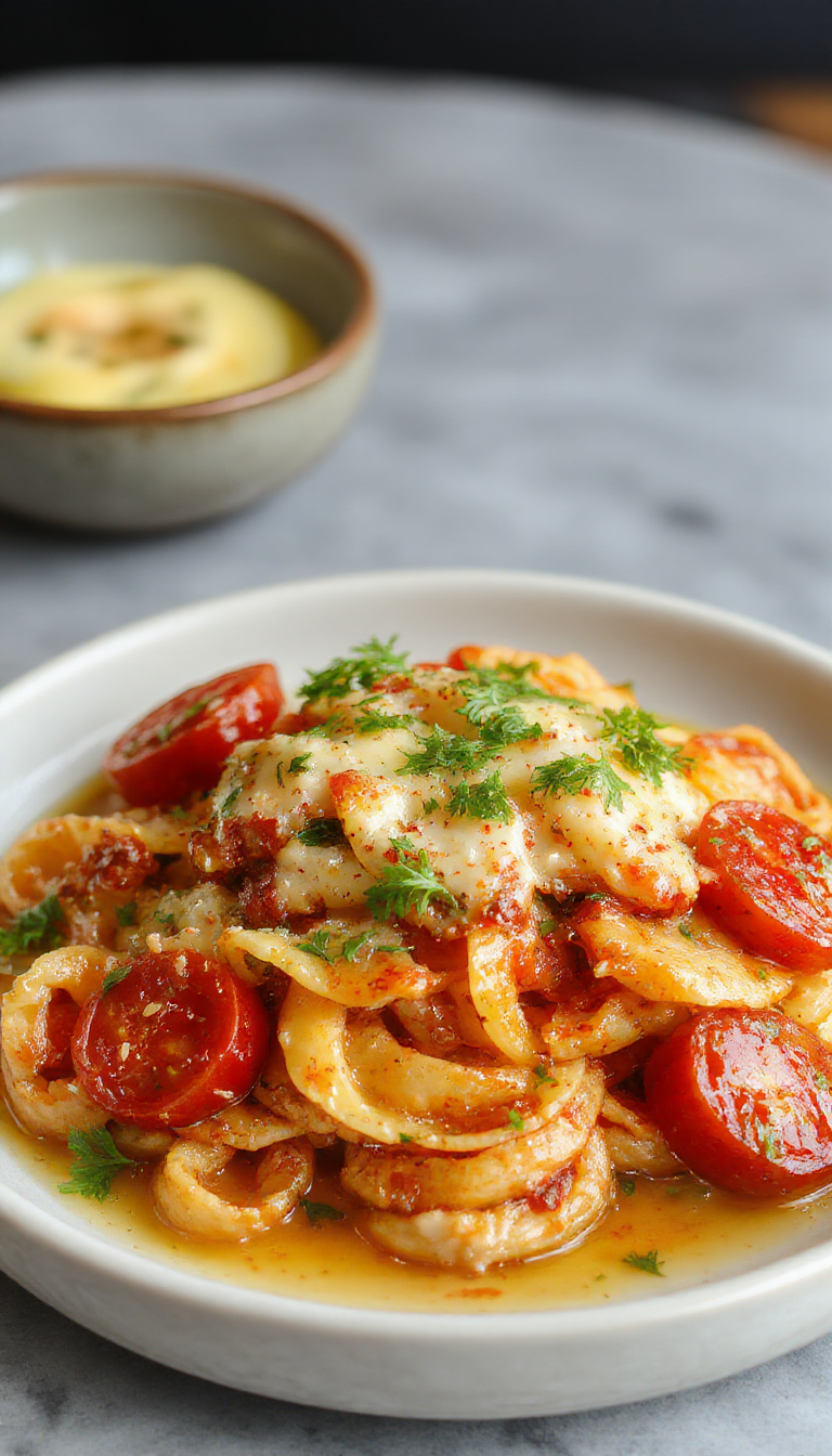 A bowl of vibrant orange pasta coated in a creamy sauce with visible bits of sun-dried tomatoes, garnished with fresh herbs. The dish is presented on a rustic wooden table with a sprig of basil on top, showcasing a colorful and appetizing appearance with a rich, textured surface.