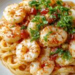 A close-up of a white plate featuring creamy pasta with succulent pink shrimp, garnished with fresh herbs and a drizzle of olive oil, styled elegantly with a rustic wooden background.
