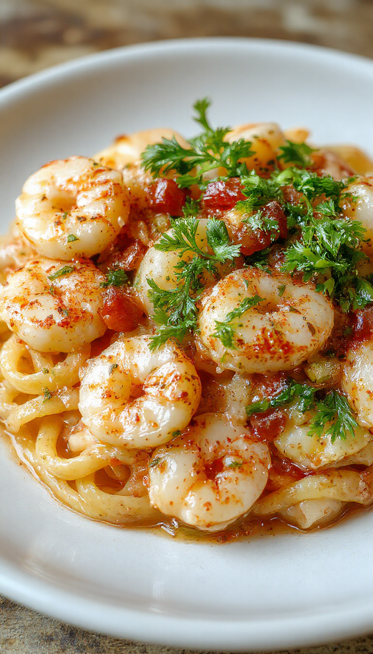 A close-up of a white plate featuring creamy pasta with succulent pink shrimp, garnished with fresh herbs and a drizzle of olive oil, styled elegantly with a rustic wooden background.