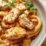 A close-up shot of a creamy pasta dish featuring tender pieces of chicken and grated Parmesan cheese, garnished with fresh herbs on a rustic white plate. The sauce appears rich and velvety, coating the pasta evenly, with a sprinkle of cheese and herbs adding vibrant color contrast.