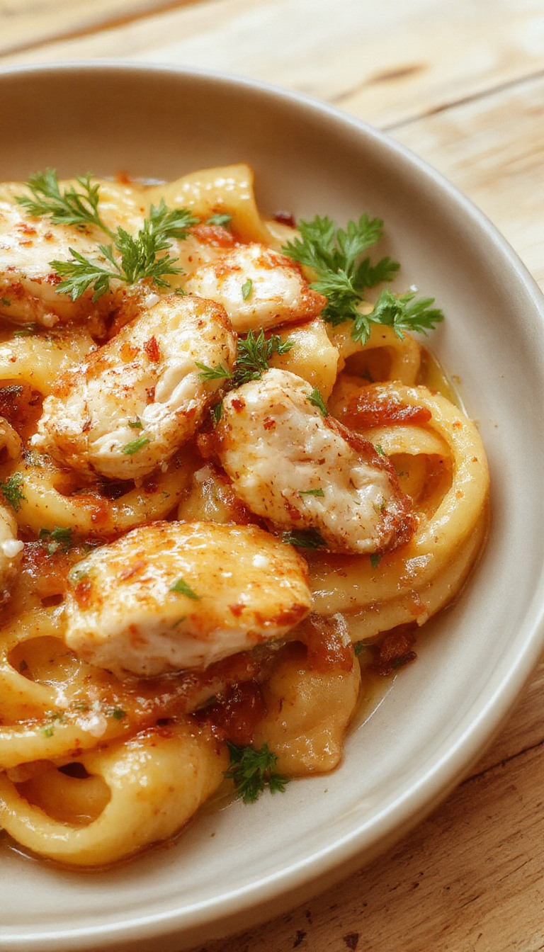 A close-up shot of a creamy pasta dish featuring tender pieces of chicken and grated Parmesan cheese, garnished with fresh herbs on a rustic white plate. The sauce appears rich and velvety, coating the pasta evenly, with a sprinkle of cheese and herbs adding vibrant color contrast.