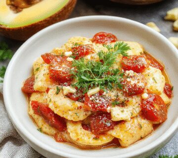 A vibrant plate of pasta de tomate y calabacín featuring spiraled zucchini and rich red tomato sauce, garnished with fresh basil leaves and grated cheese, presented on a rustic wooden table with a fork twirling the pasta.