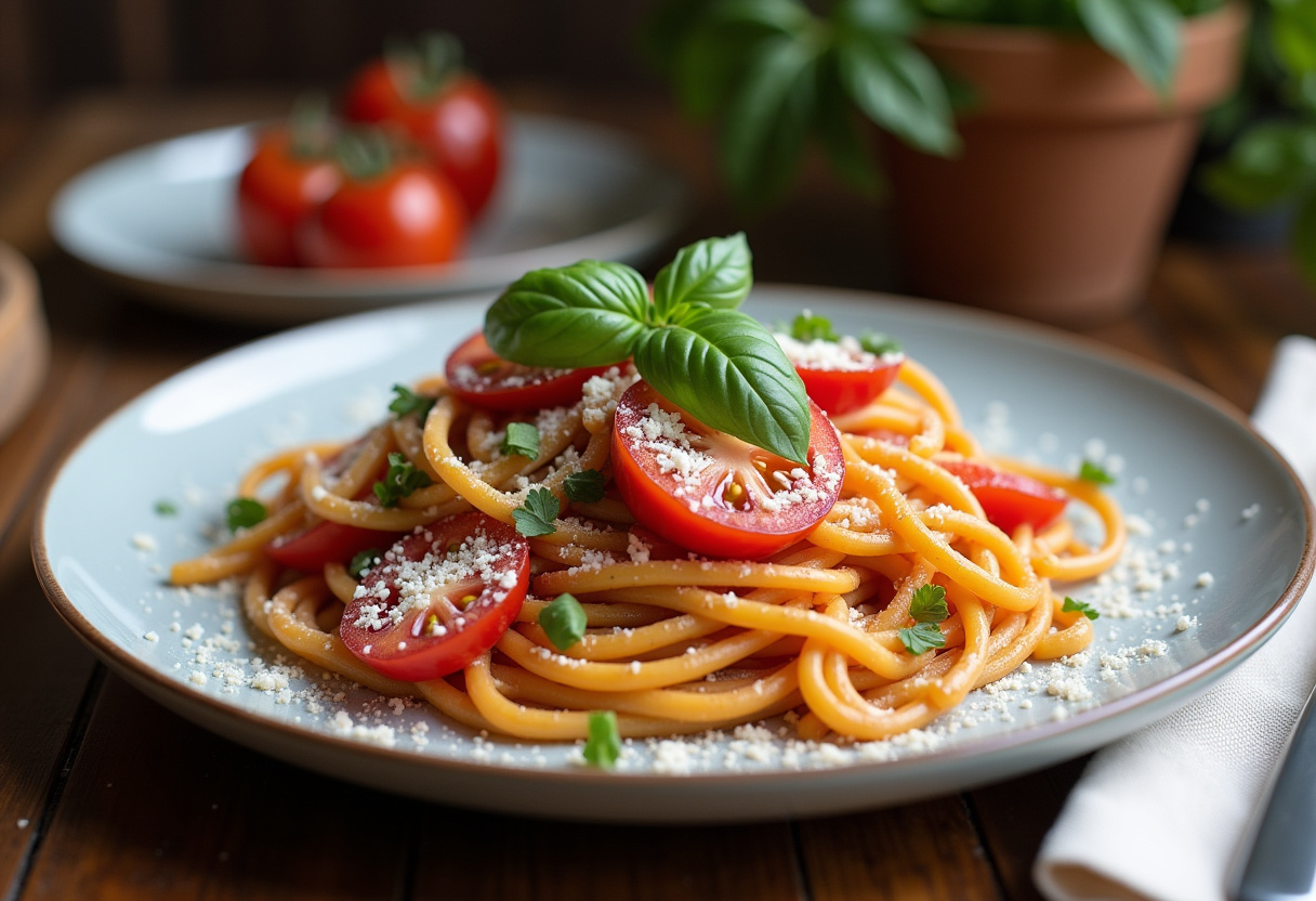 Plated pasta de tomate y calabacín ready to enjoy, perfect for a delicious meal.