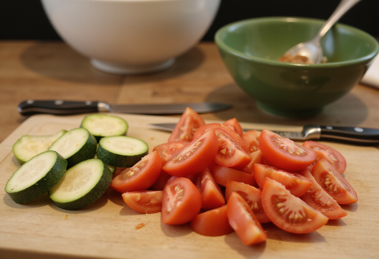 Tomatoes and zucchini prepared for making pasta de tomate y calabacín.