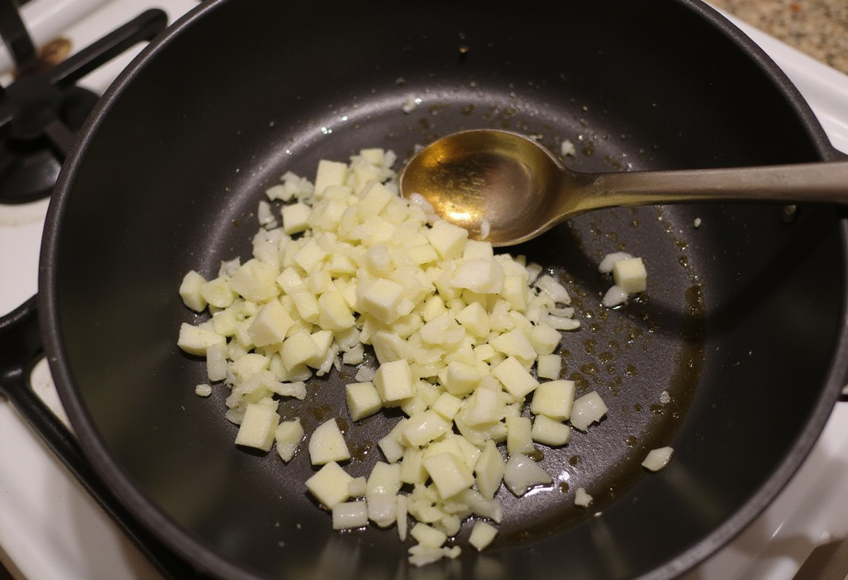 Onion and garlic being sautéed in olive oil for pasta de tomate y calabacín recipe.