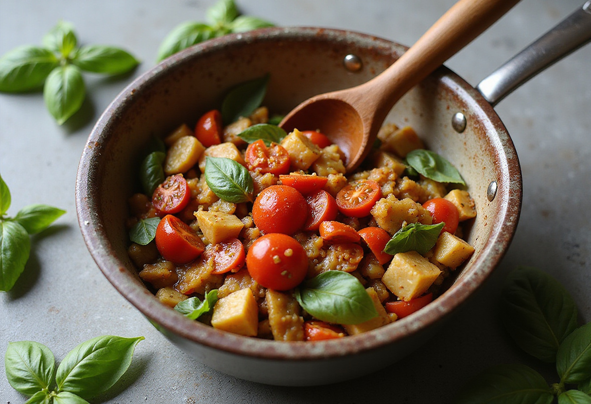 Crushed tomatoes mixed with sautéed zucchini and onion, ready for pasta de tomate y calabacín.