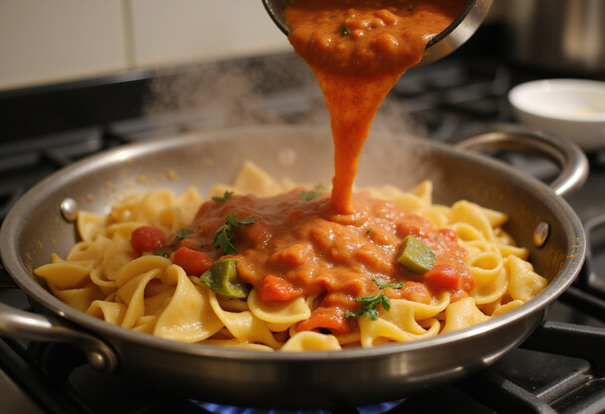 Vegetable sauce being added to pasta for preparing pasta de tomate y calabacín.