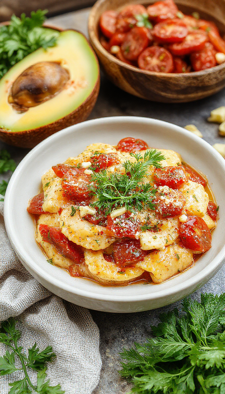 A vibrant plate of pasta de tomate y calabacín featuring spiraled zucchini and rich red tomato sauce, garnished with fresh basil leaves and grated cheese, presented on a rustic wooden table with a fork twirling the pasta.