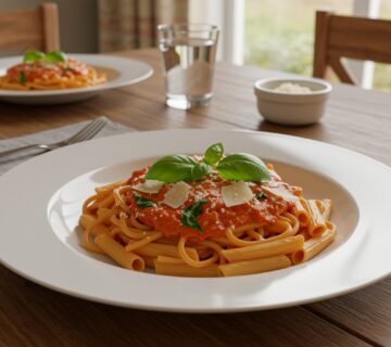 Delicious pasta de tomate served with creamy sauce, perfect for a rápida y fácil cena.