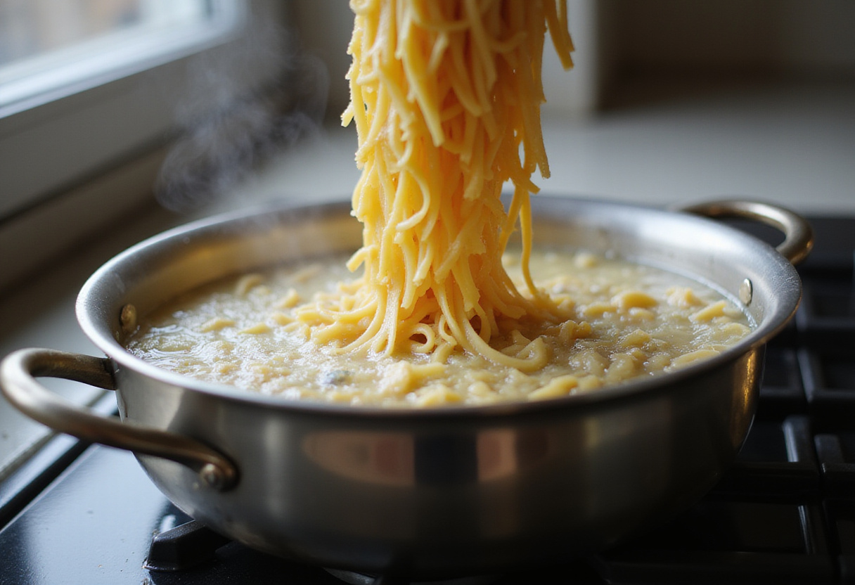 Pasta boiling in water for a receta rápida de pasta de tomate.