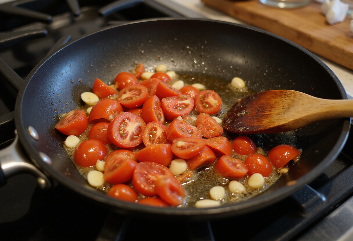 Garlic and diced tomatoes cooking in a skillet for cena cremosa de pasta de tomate.