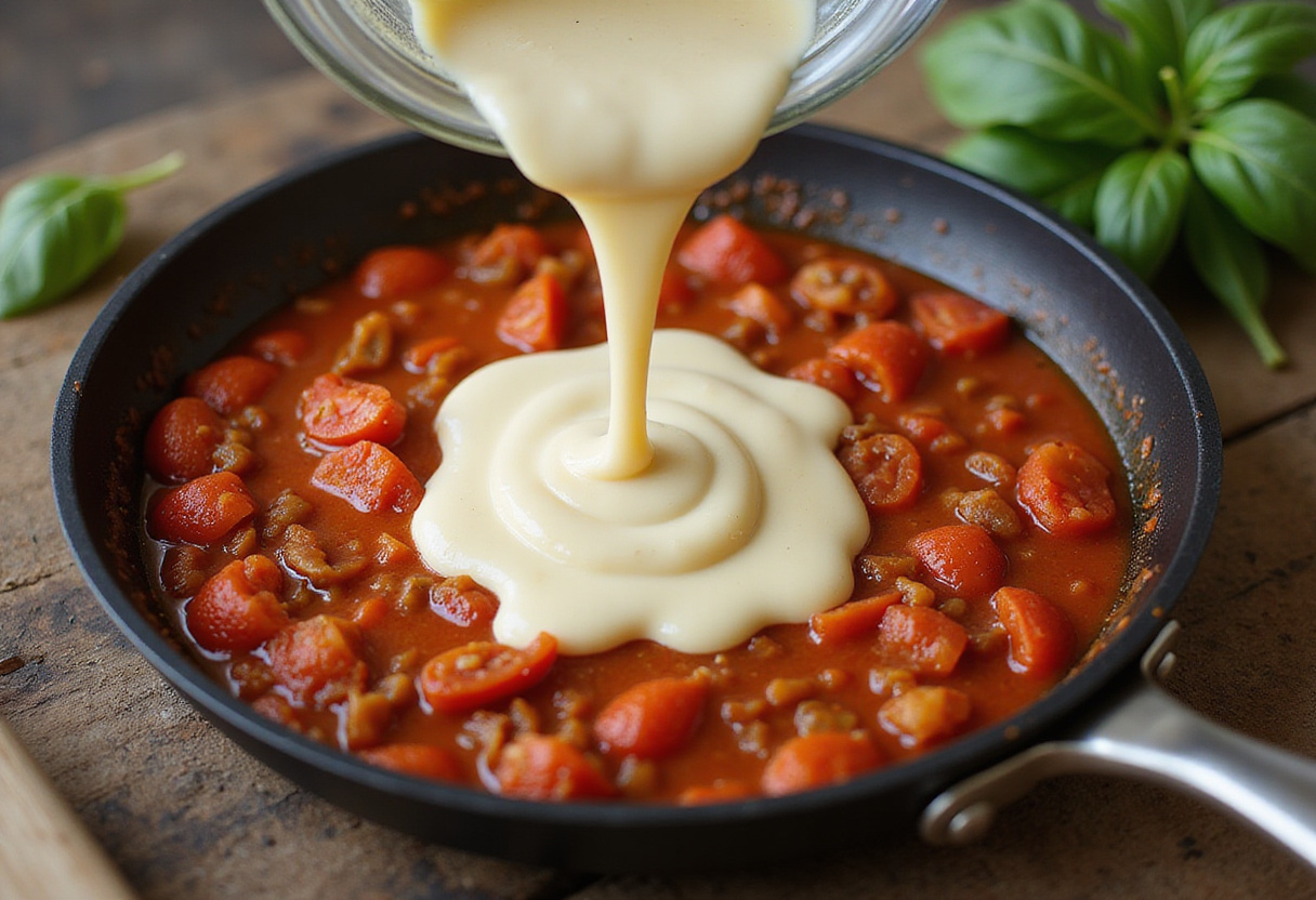 Creamy sauce being added to the tomato mixture for un delicioso plato fácil de pasta de tomate.