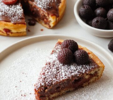 A sliced pastel de chocolate con moras on a elegant white plate, revealing its moist, layered interior filled with dark chocolate and fresh blueberries, topped with a dusting of powdered sugar and a few whole berries for garnish. The cake's rich brown hue contrasts beautifully with the vibrant blue of the berries, highlighting the fruity and chocolaty combination.