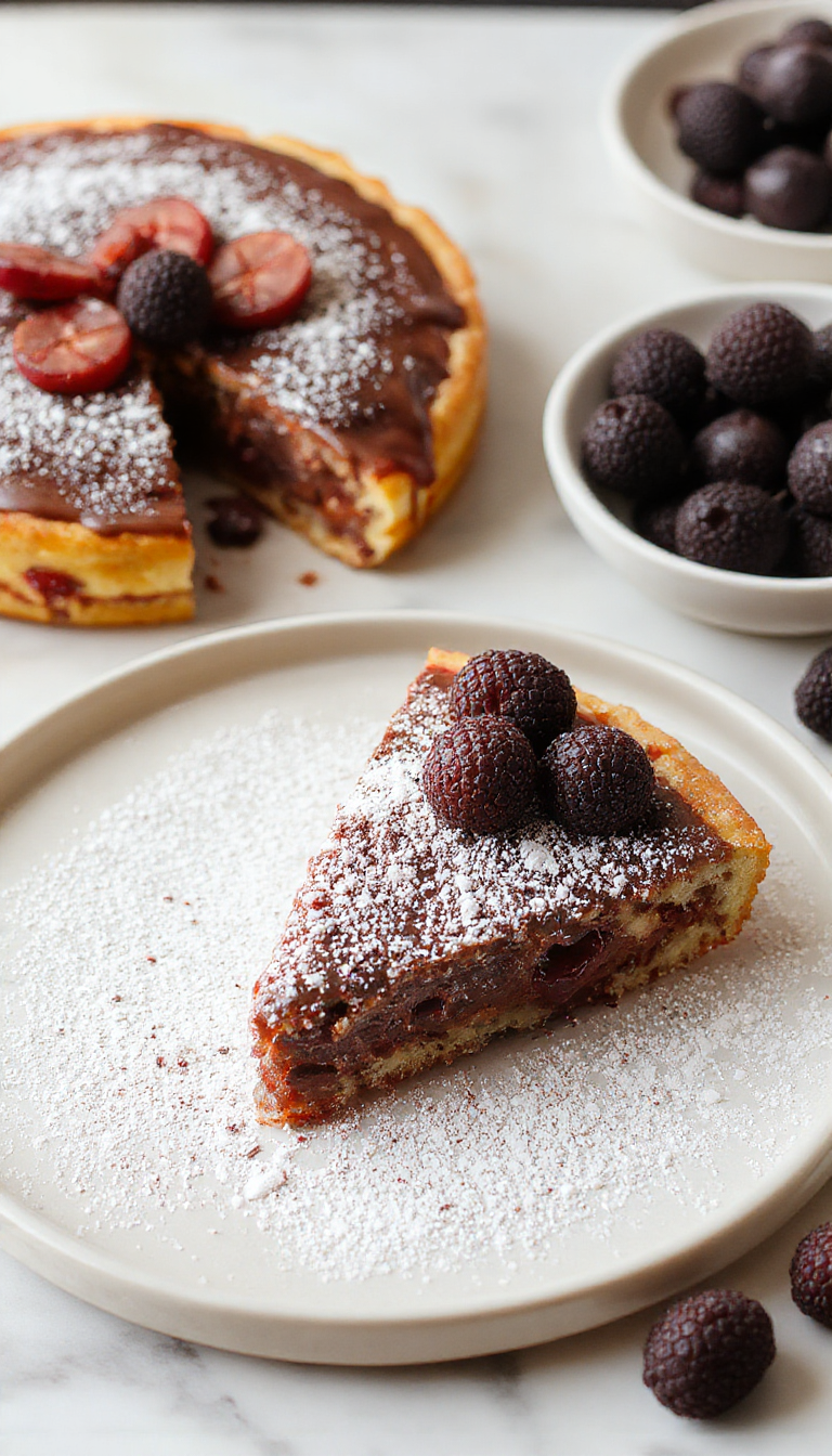 A sliced pastel de chocolate con moras on a elegant white plate, revealing its moist, layered interior filled with dark chocolate and fresh blueberries, topped with a dusting of powdered sugar and a few whole berries for garnish. The cake's rich brown hue contrasts beautifully with the vibrant blue of the berries, highlighting the fruity and chocolaty combination.