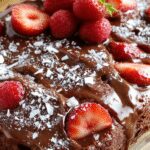 A vibrant slice of chocolate and strawberry cake on a white plate, featuring a layered structure with glossy chocolate glaze and fresh strawberry slices on top, garnished with a sprig of mint. The cake's interior reveals moist layers filled with whipped cream and fresh strawberries, while the exterior is decorated with finely grated chocolate and strawberries, creating an inviting and colorful dessert.