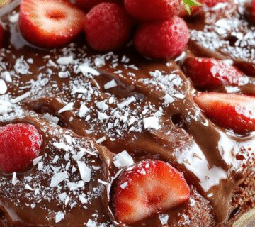 A vibrant slice of chocolate and strawberry cake on a white plate, featuring a layered structure with glossy chocolate glaze and fresh strawberry slices on top, garnished with a sprig of mint. The cake's interior reveals moist layers filled with whipped cream and fresh strawberries, while the exterior is decorated with finely grated chocolate and strawberries, creating an inviting and colorful dessert.